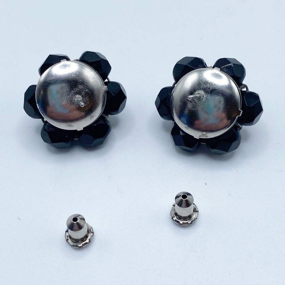 Vintage Austria Black Faceted Glass Triple Strand Necklace Pierced Earrings Set - Picture 11 of 14